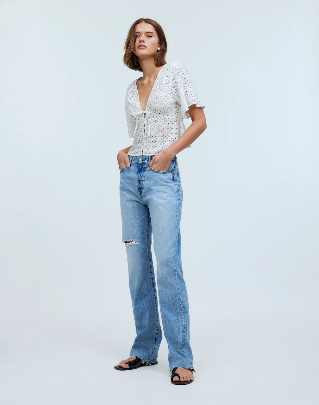 Tie-Front Top in Eyelet Blouse - Soft White