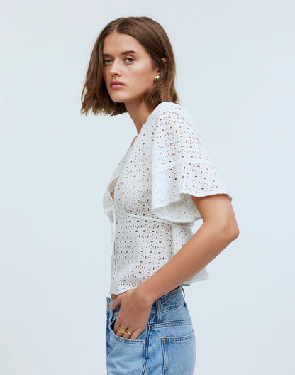 Tie-Front Top in Eyelet Blouse - Soft White