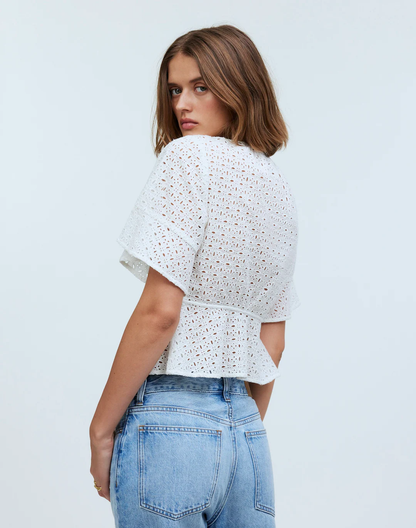 Tie-Front Top in Eyelet Blouse - Soft White