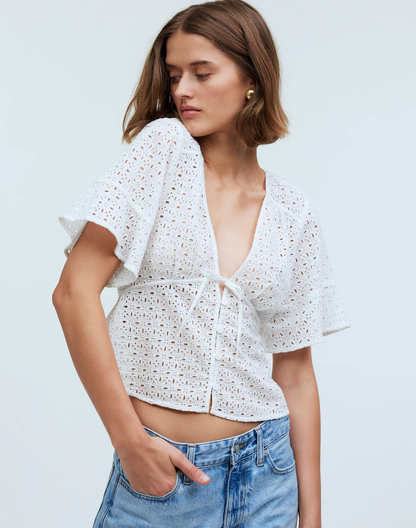 Tie-Front Top in Eyelet Blouse - Soft White