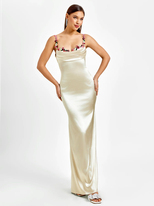 Embellished Strap Tie Back Satin Bodycon Dress - Ivory