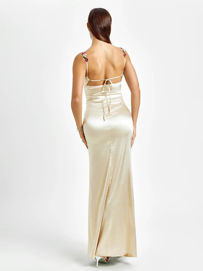 Embellished Strap Tie Back Satin Bodycon Dress - Ivory