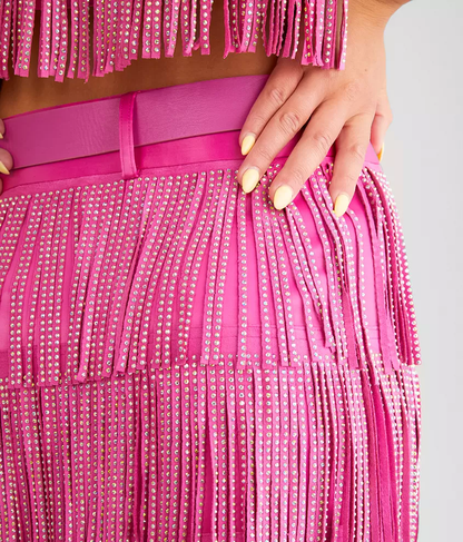 Tiered Rhinestone Fringe Mini Skirt - Hot Pink