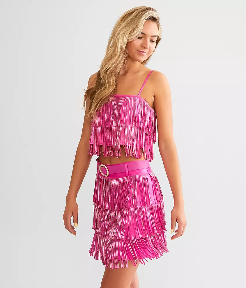 Tiered Rhinestone Fringe Mini Skirt - Hot Pink