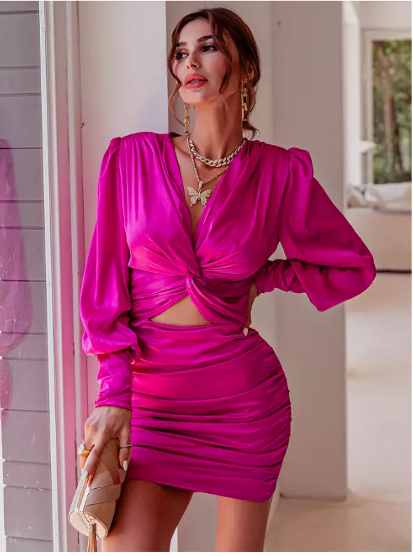 Twist Front Ruched Satin Dress - Hot Pink