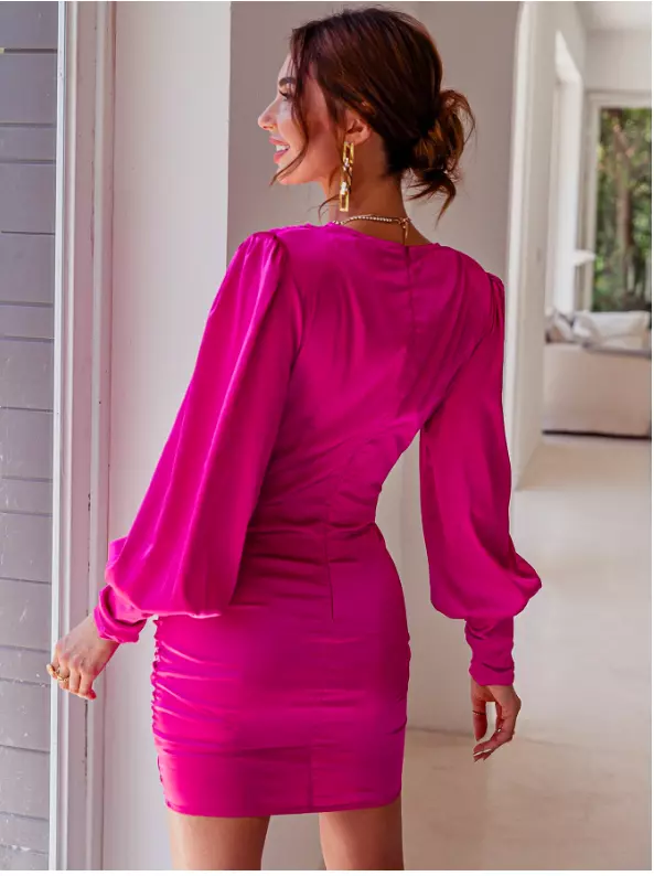 Twist Front Ruched Satin Dress - Hot Pink