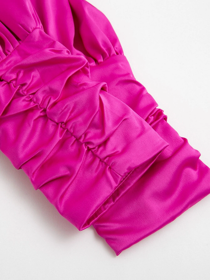 Twist Front Ruched Satin Dress - Hot Pink