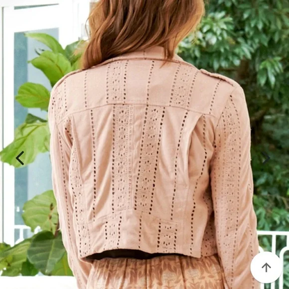 Blush Embroidered Biker Jacket  - Tan