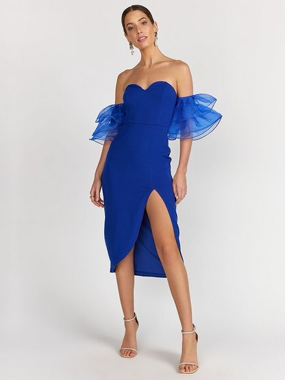 Off-Shoulder Organza Ruffle Sleeve Midi Dress - Blue Blush