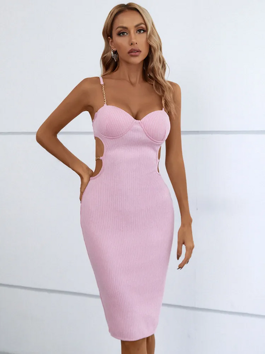 Sleeveless Hollow Out Chain Knit Mini Bandage Dress - Pink