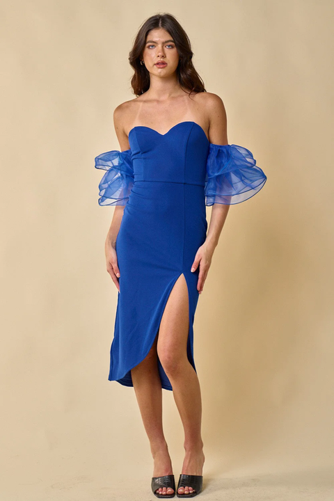 Off-Shoulder Organza Ruffle Sleeve Midi Dress - Blue Blush