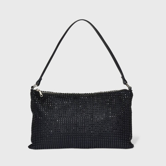 Rhinestone Mesh Shoulder Bag - Black