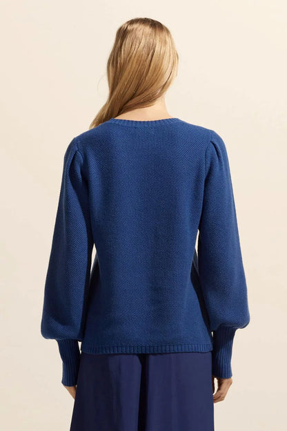 Gather Knit Pullover Sweater - Blue